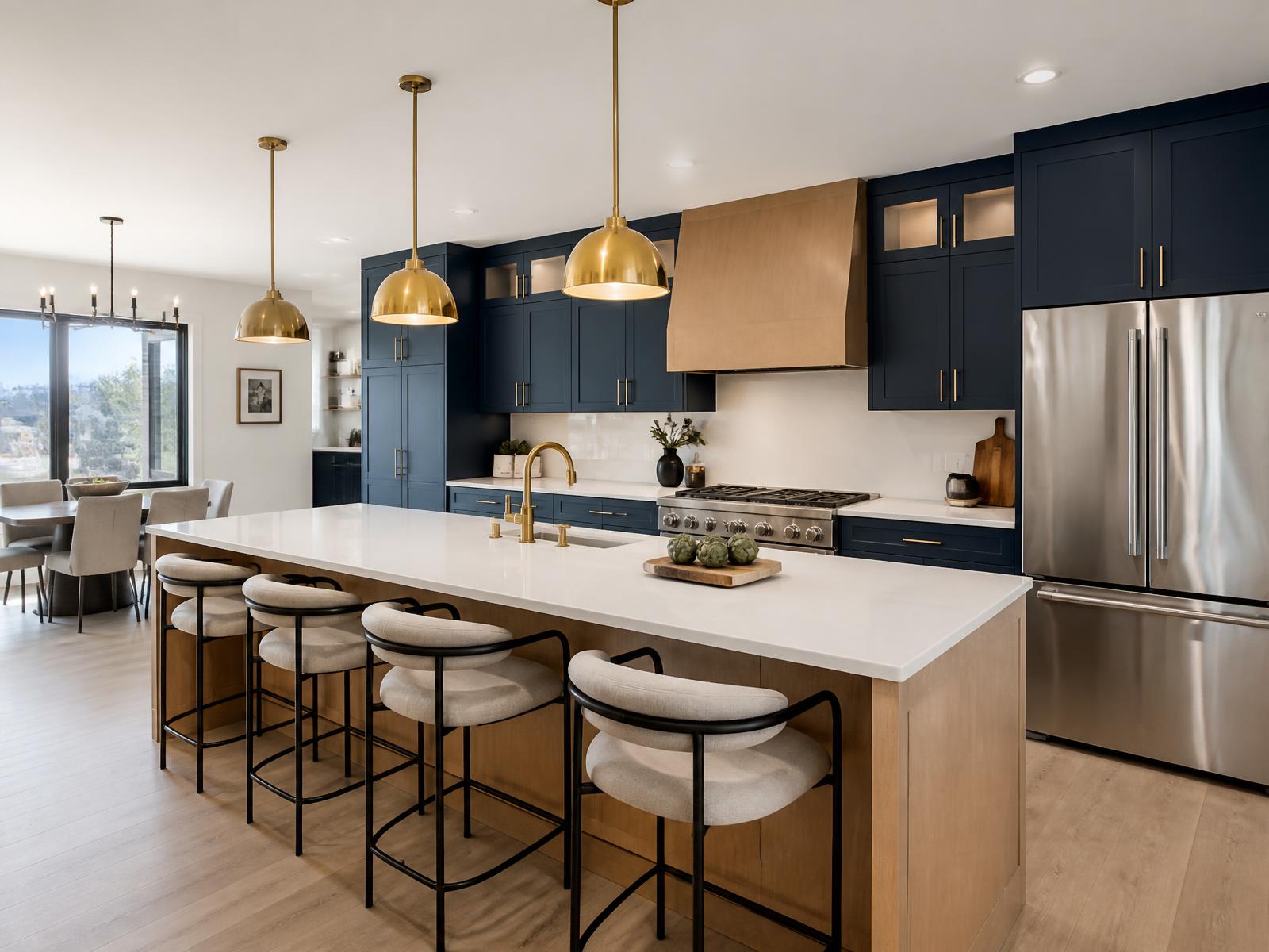 Renovated modern kitchen with a large island, navy cabinetry and brass pendant lighting