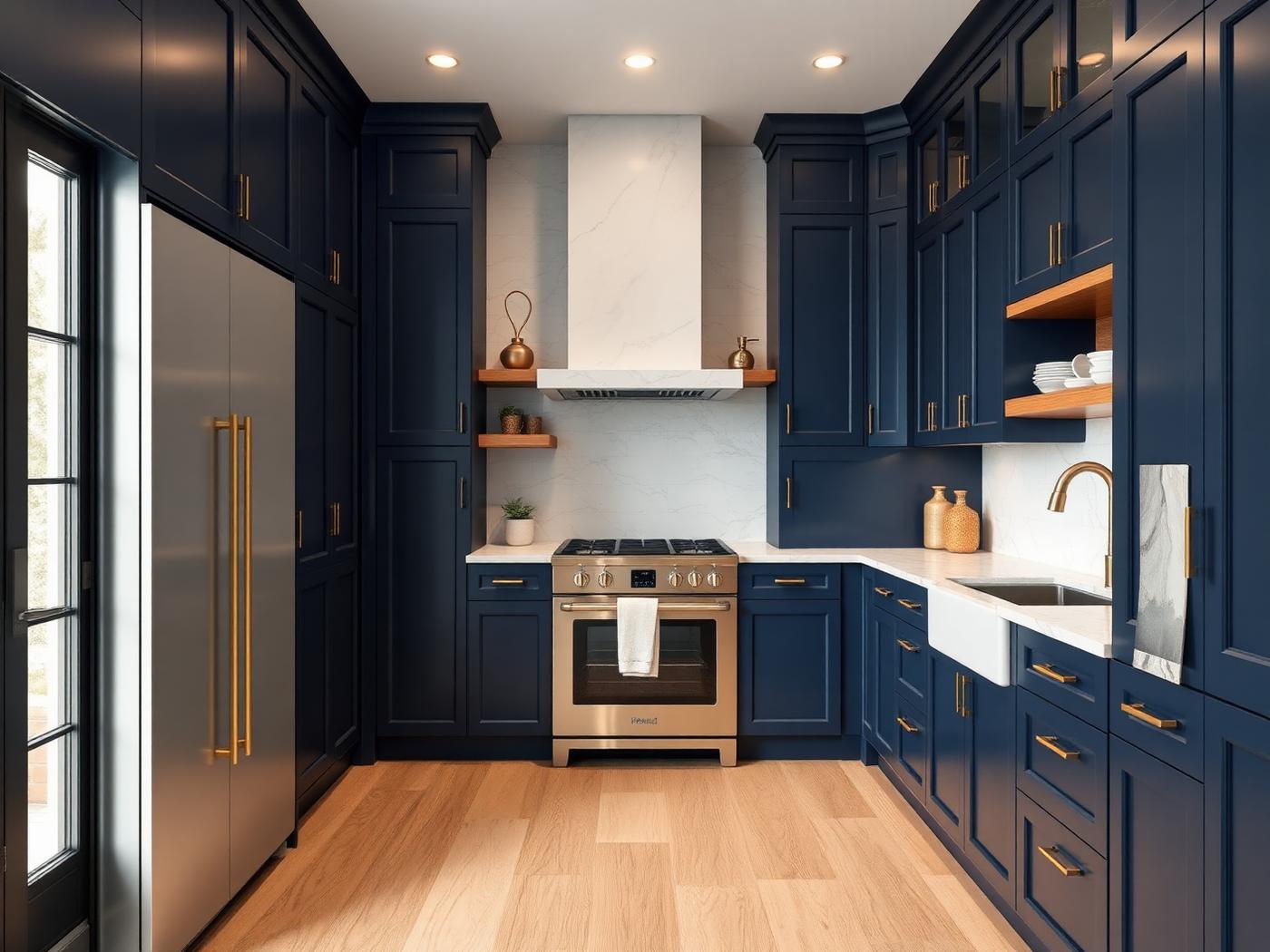 Navy blue kitchen cabinets with brass hardware